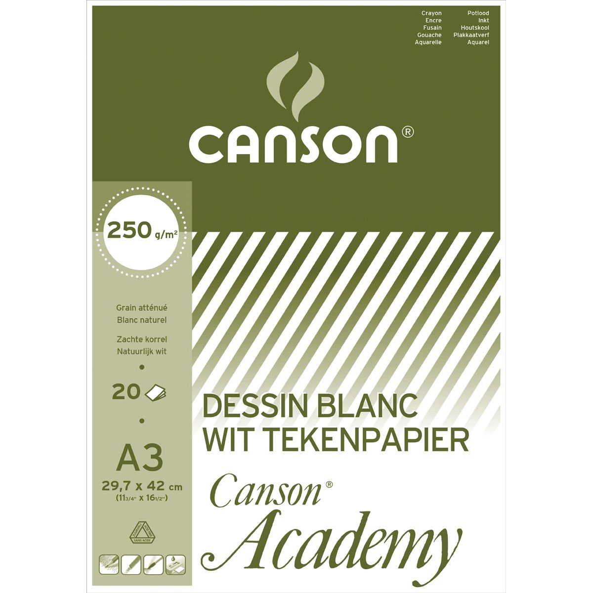 Canson - tekenpapier Academy, 250 g, ft 29,7 x 42 cm, A3, blok van 20 vel