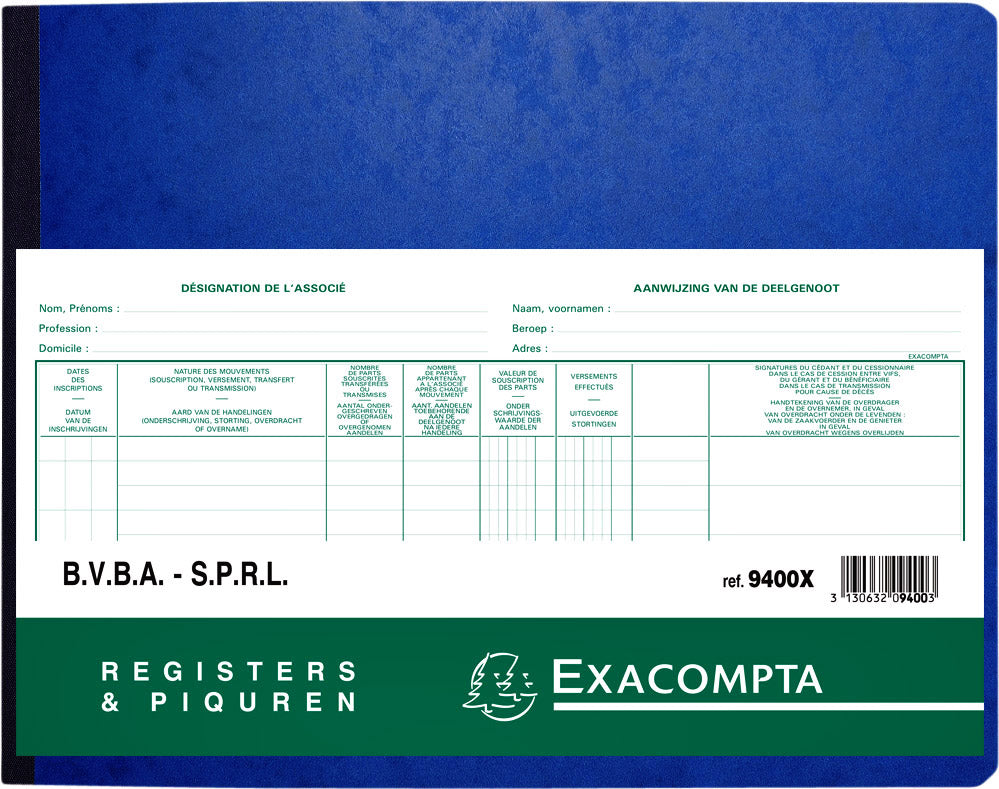 Exacompta - Registre Piqure actionnaire BVBA/ SPRL 320x240mm 80 feuilles vert