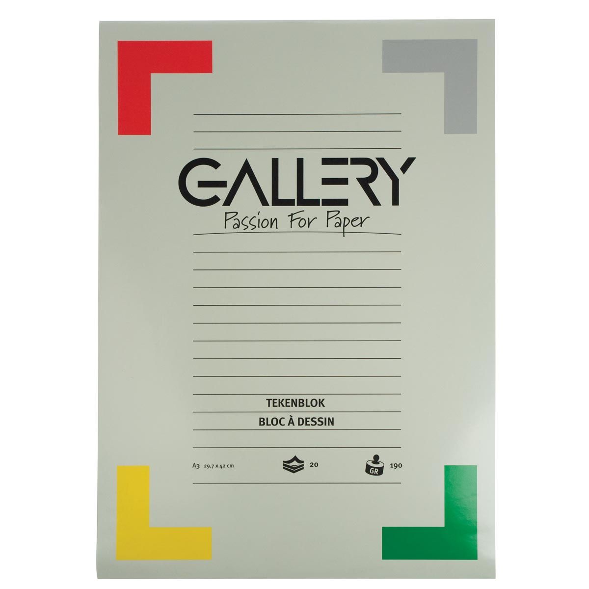 Gallery - papier à dessin, 190 g, ft 29,7 x 42 cm, A3, papier extra épais sans bois, bloc de 20 feuilles