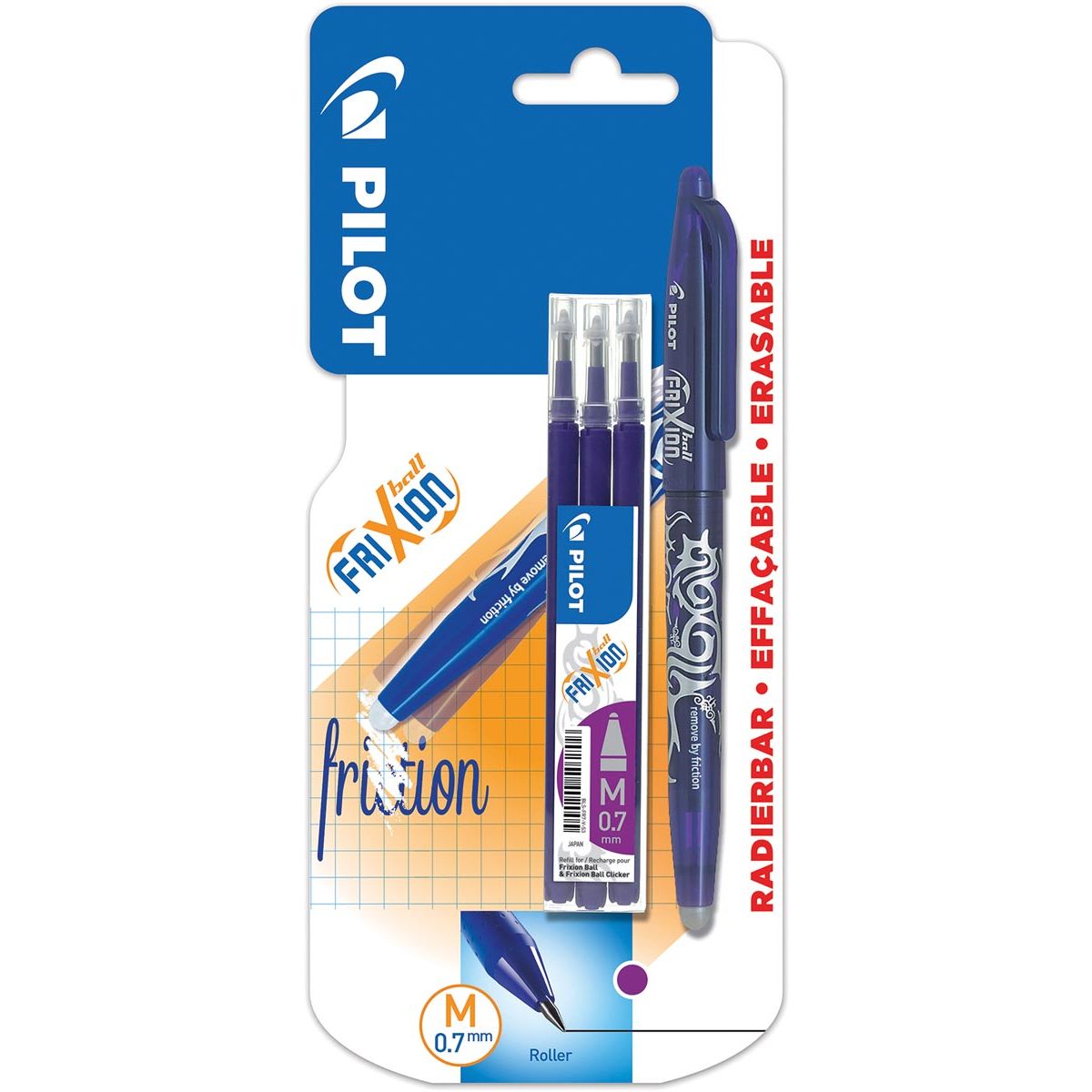 Pilot - Stylo roller friXion moyen violet blister de 1 pièce + 3 recharges