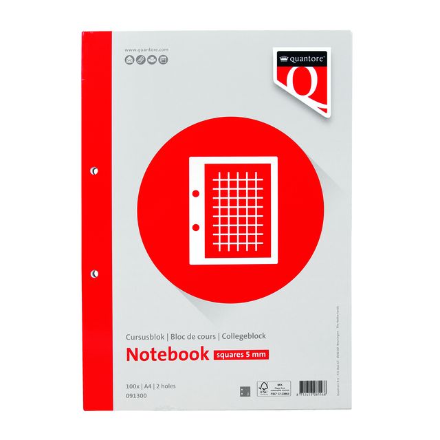 Quantore - Cursusblok A4 ruit 5mm 100vel 80gram met kantlijn+