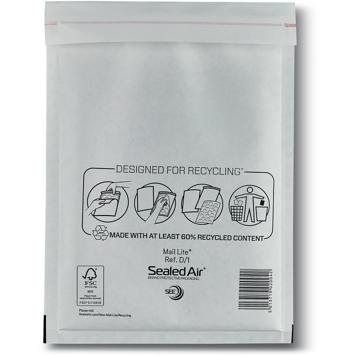 Mail Lite - luchtkussenenveloppen, wit, D/1, 180 x 260 mm, doos van 200 stuks