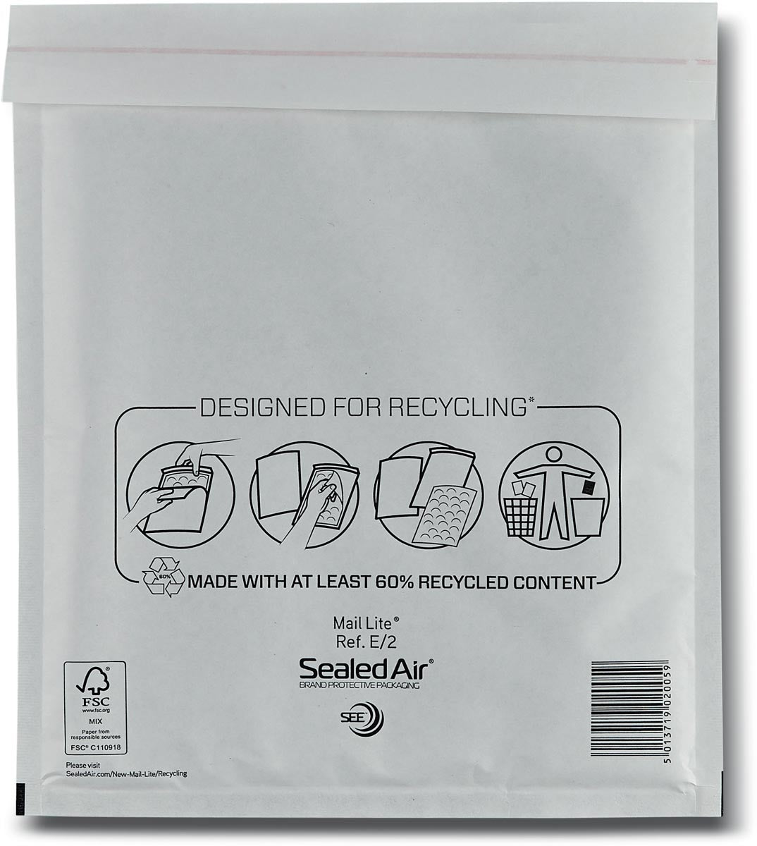 Mail Lite - luchtkussenenveloppen, wit, E/2, 220 x 260 mm, doos van 200 stuks