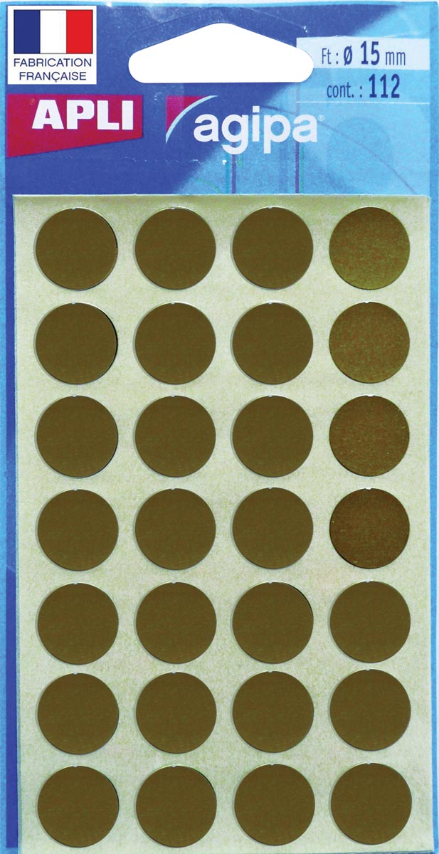 Agipa - étiquettes rondes en coffret diamètre 15 mm, or, 112 pièces, 28 par feuille