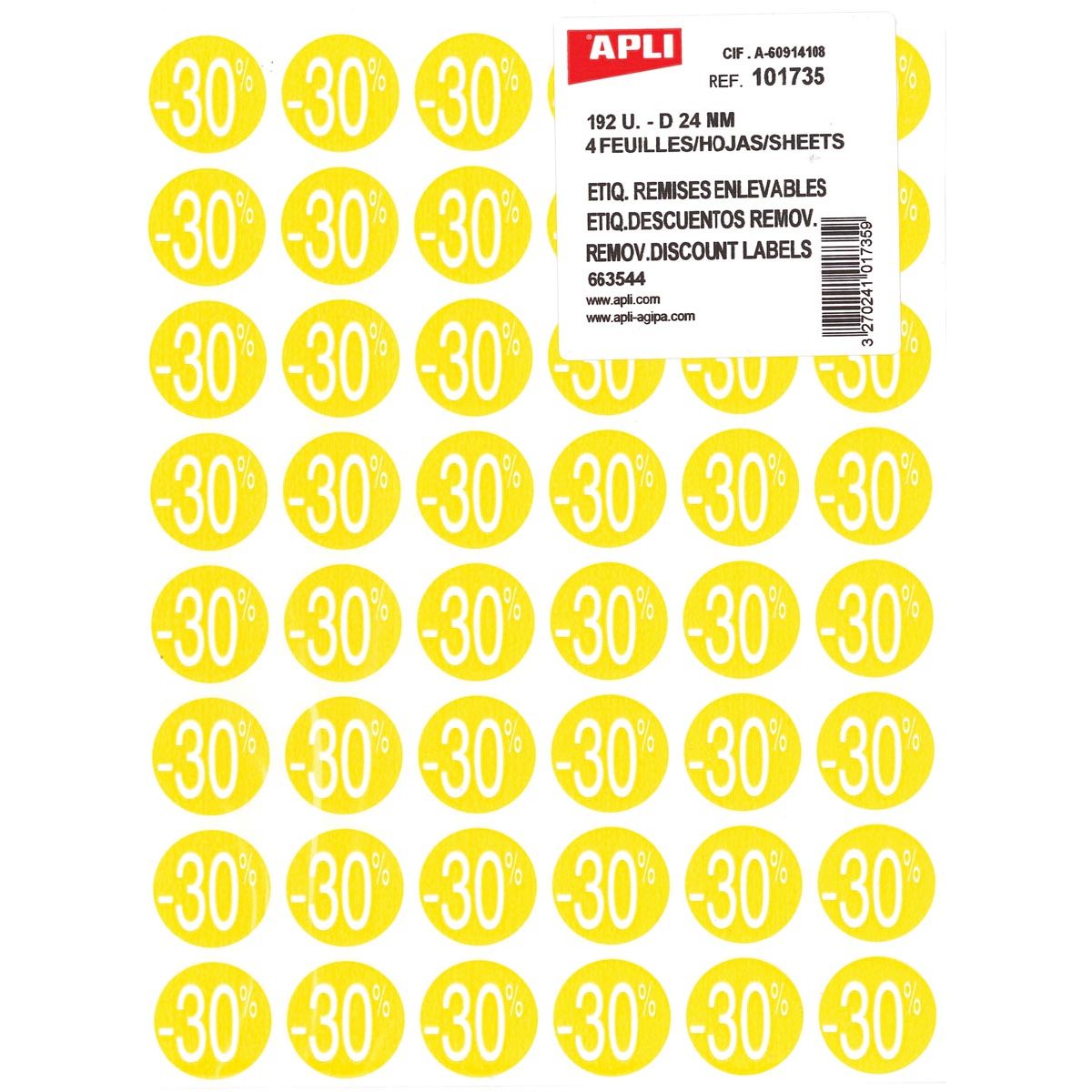 Apli - Etiquette Remise Agipa -30%, jaune, pack de 192 pièces, amovible