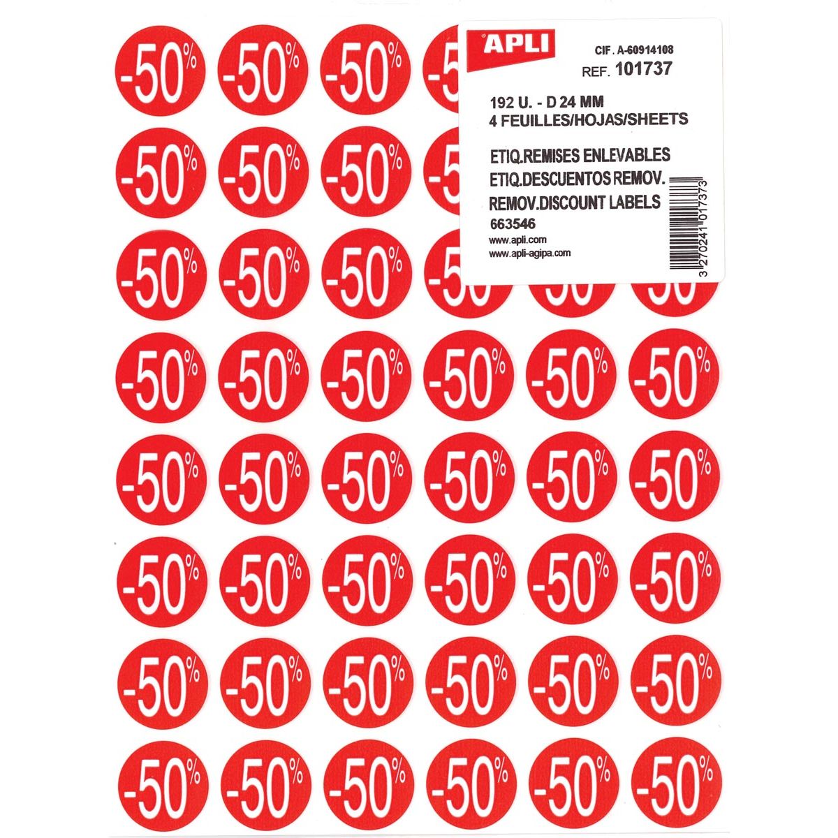 Apli - Agipa Kortinglabel -50%, rood, pak van 192 stuks, verwijderbaar