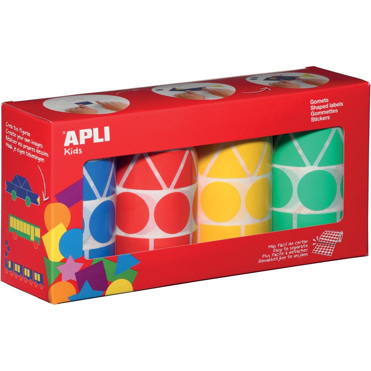 Apli Kids - Kinderaufkleber XL, Box mit 4 Rollen in 4 Farben und 4 Formen (blau, rot, gelb und grün)