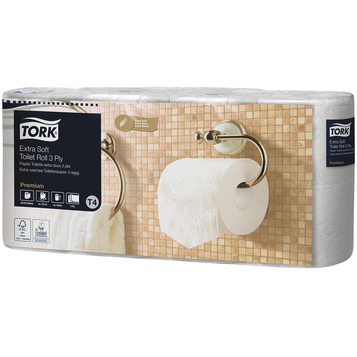 Tork - Papier toilette extra doux 3 épaisseurs, blanc, 155 feuilles, pour système T4, paquet de 8 rouleaux