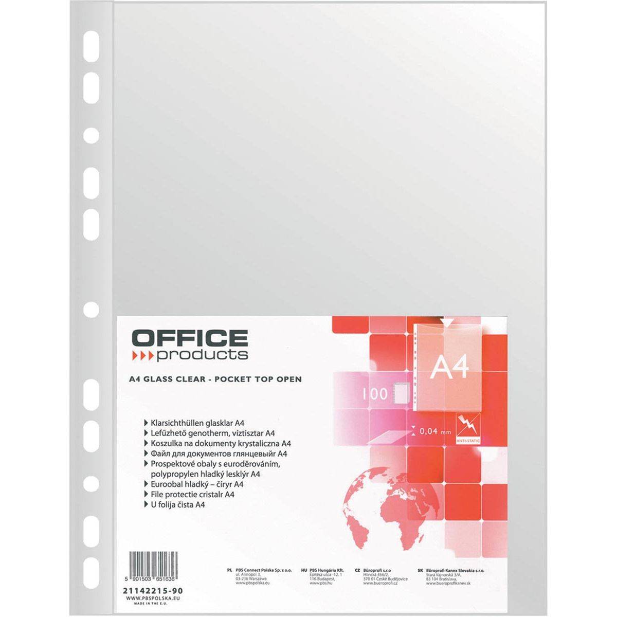 Produits OFFICE - sachet de présentation perforé, A4, 40 microns, transparent, paquet de 100 pièces