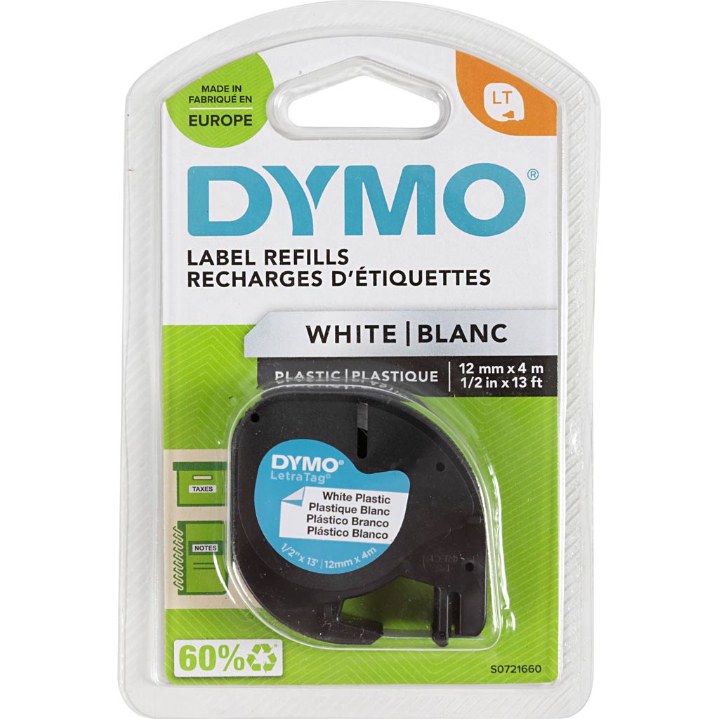 Dymo - Labele LetraTag plastique 12mm noir sur blanc