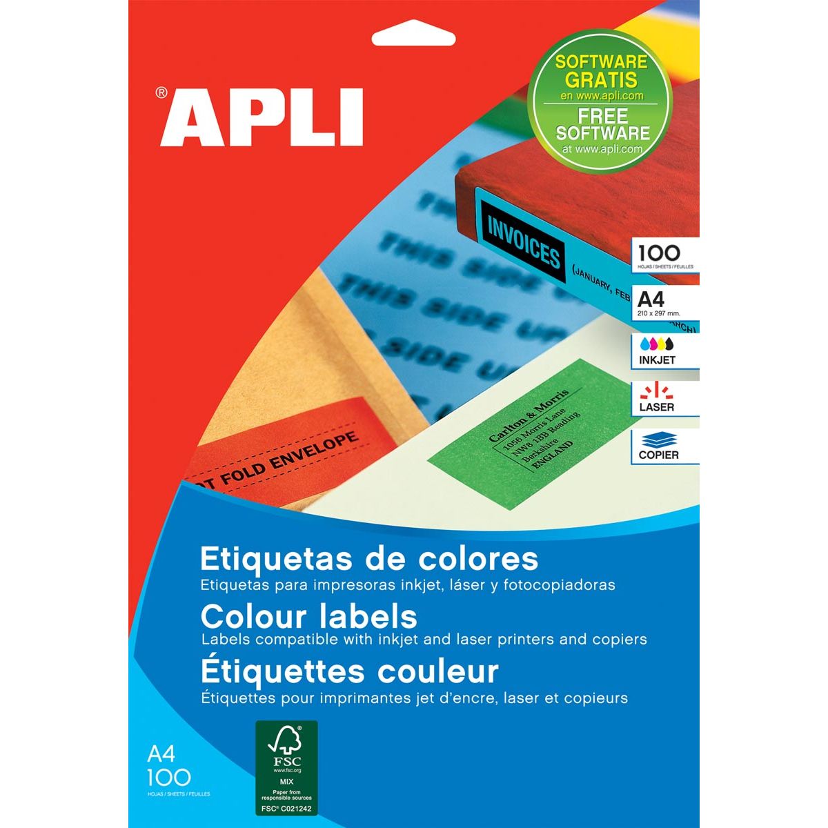 Apli - Farbige Etiketten ft 210 x 297 mm (B x H), rot, 100 Stück, 1 pro Blatt