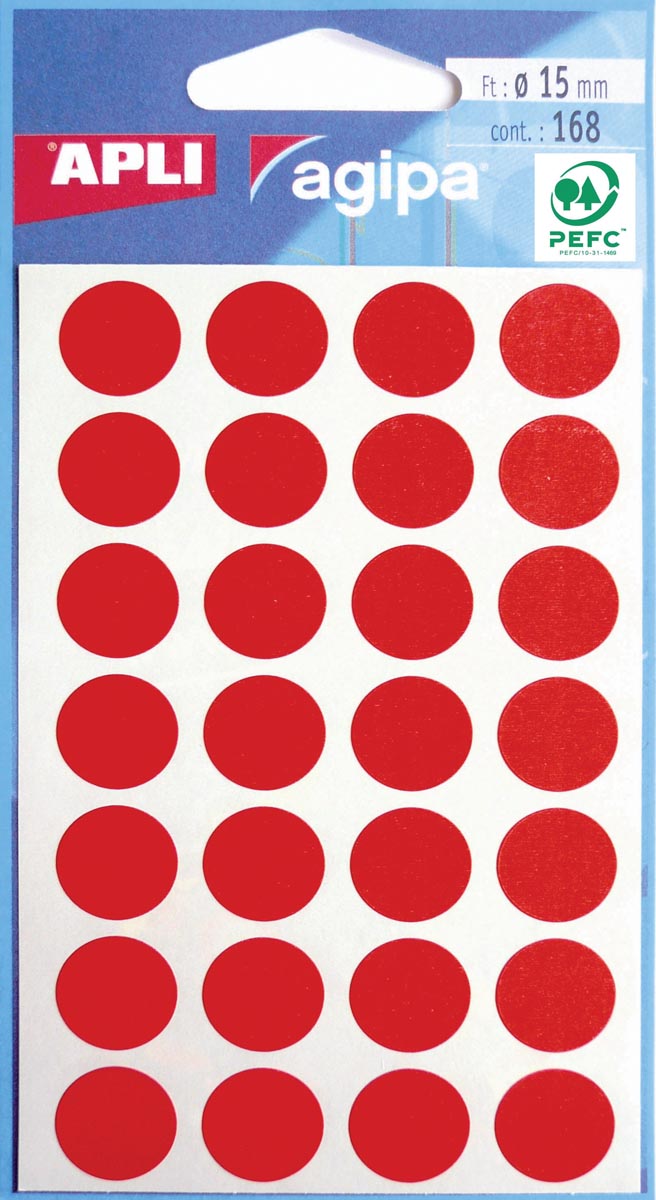 Agipa - étiquettes rondes en coffret diamètre 15 mm, rouge, 168 pièces, 28 par feuille