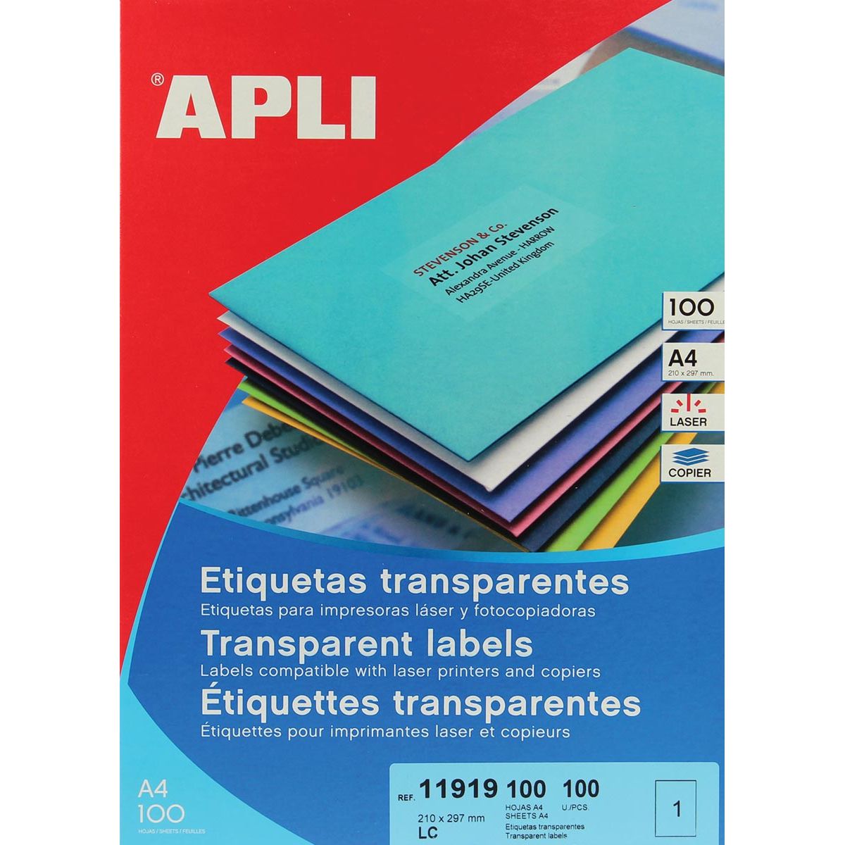 Apli - Étiquettes transparentes pi 210 x 297 mm (l x h), 100 pièces, 1 par feuille, boîte de 100 feuilles