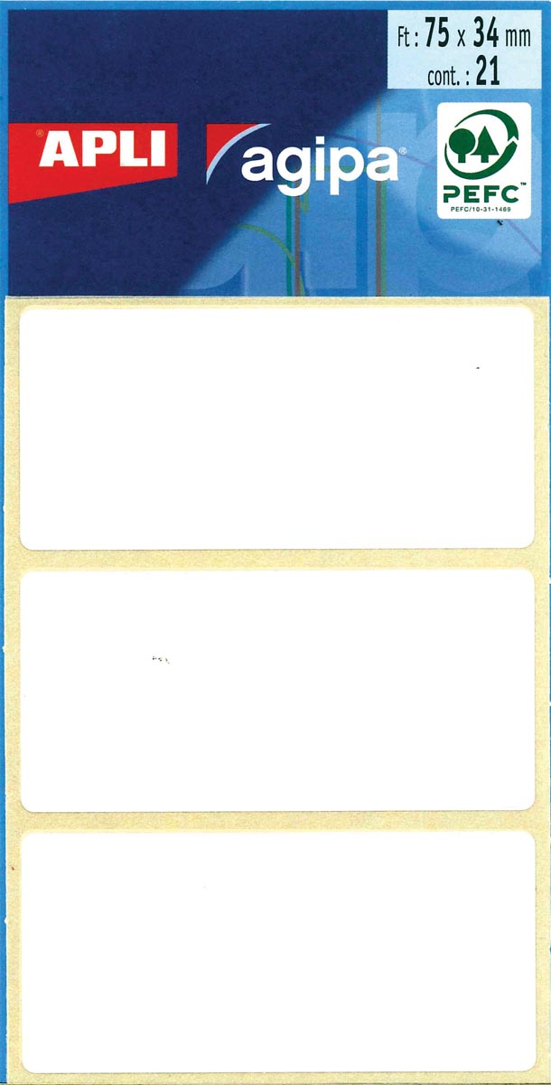 Agipa - étiquettes blanches en étui pi 34 x 75 mm (l x h), 21 pièces, 3 par feuille