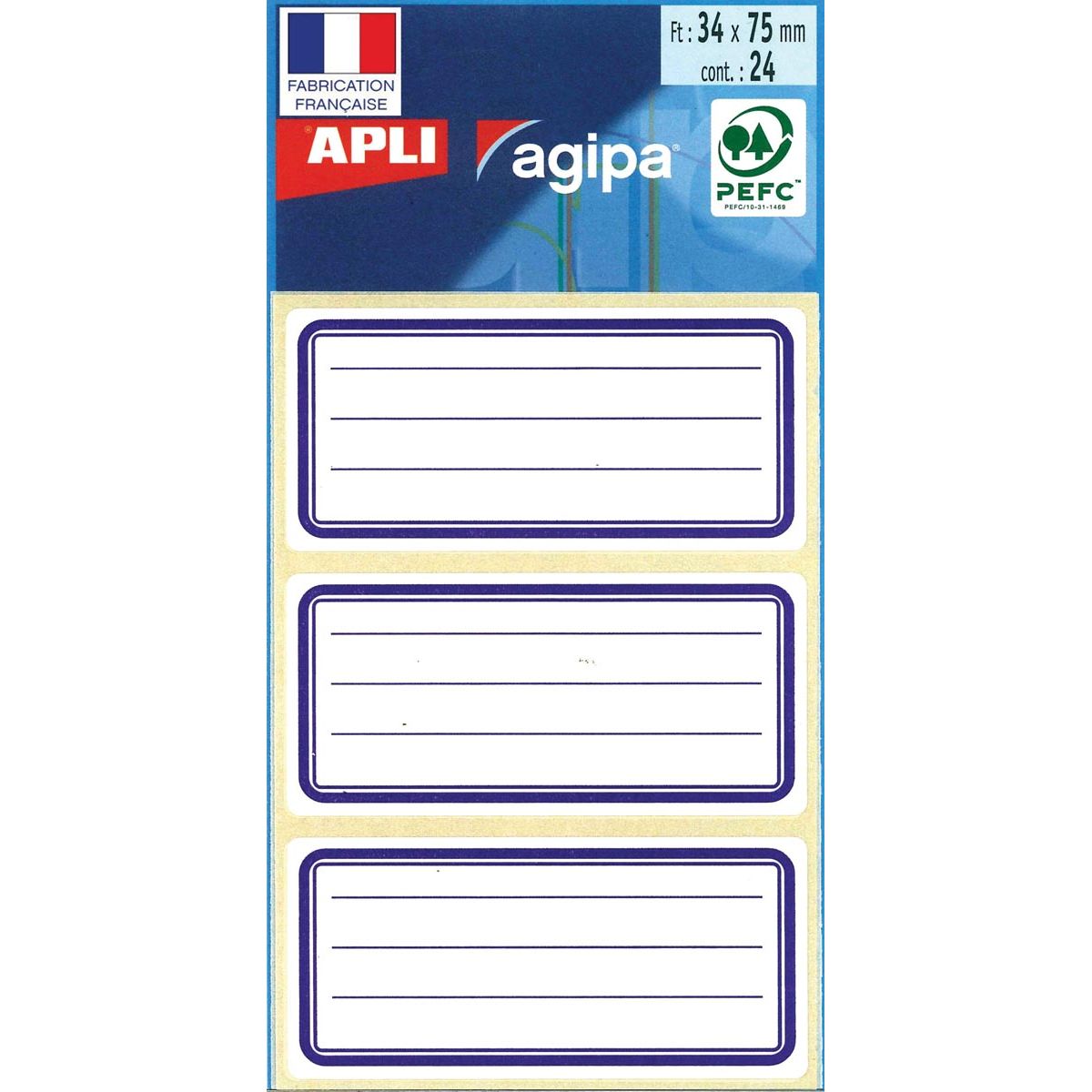 Agipa - schooletiketten ft 75 x 34 mm (b x h), 24 etiketten per etui, blauwe rand, gelijnd