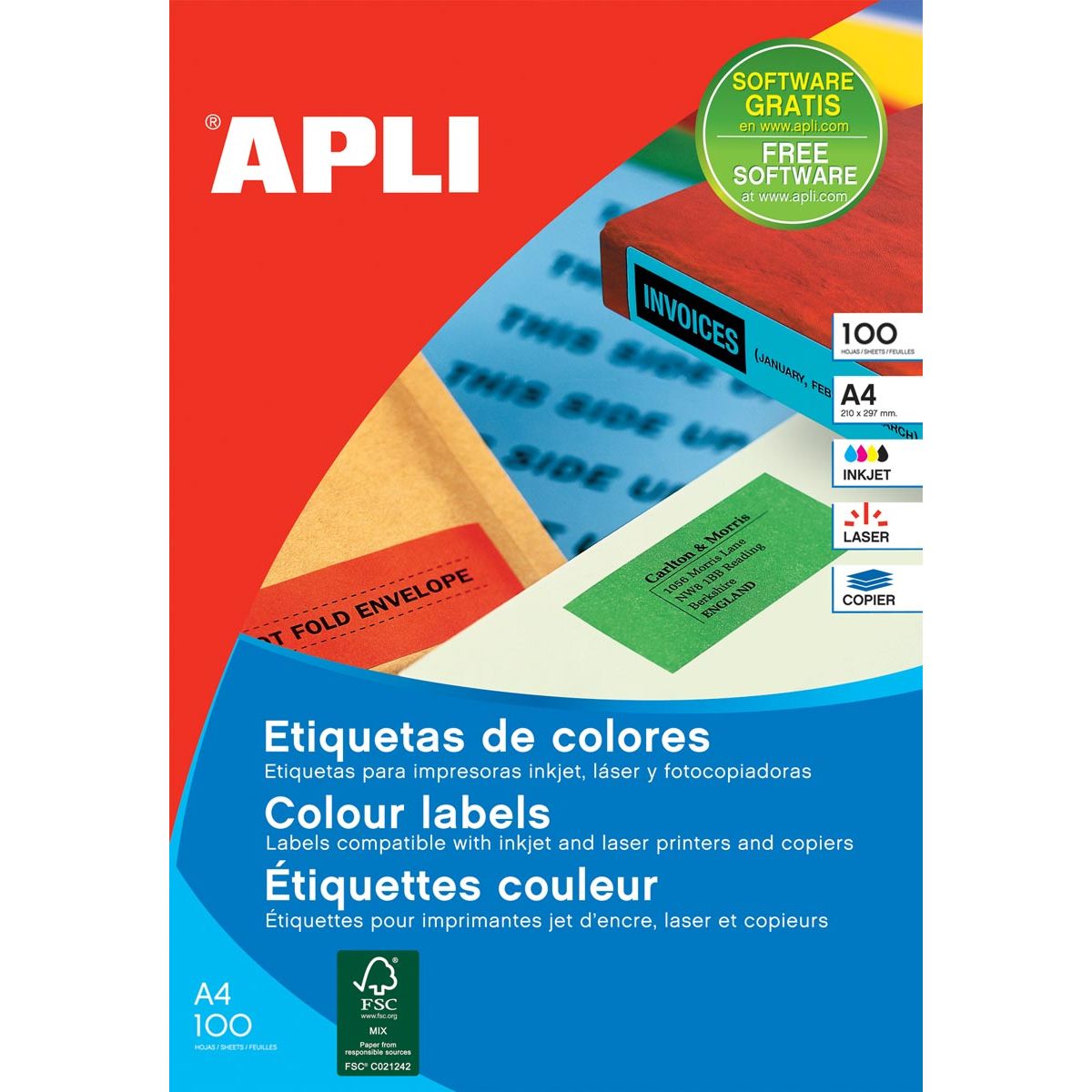 Apli - Gekleurde etiketten ft 105 x 37 mm (b x h), rood, 1.600 stuks, 16 per blad, doos van 100 blad