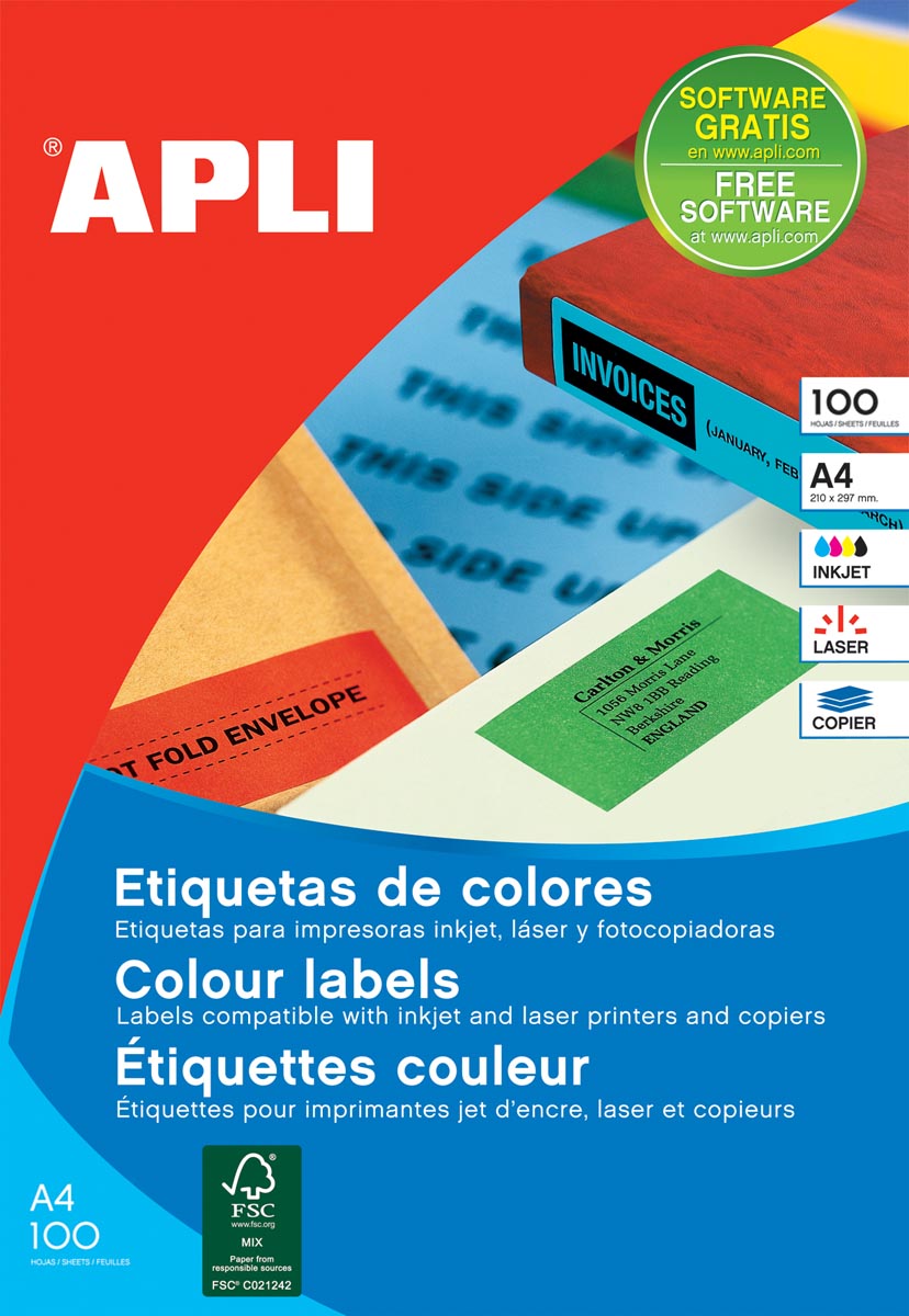 Apli - Étiquettes colorées pi 105 x 37 mm (l x h), rouge, 1 600 pièces, 16 par feuille, boîte de 100 feuilles
