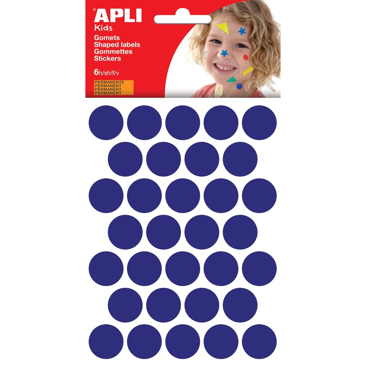 Apli - Kids stickers, cirkel diameter 20 mm, blister met 180 stuks, blauw