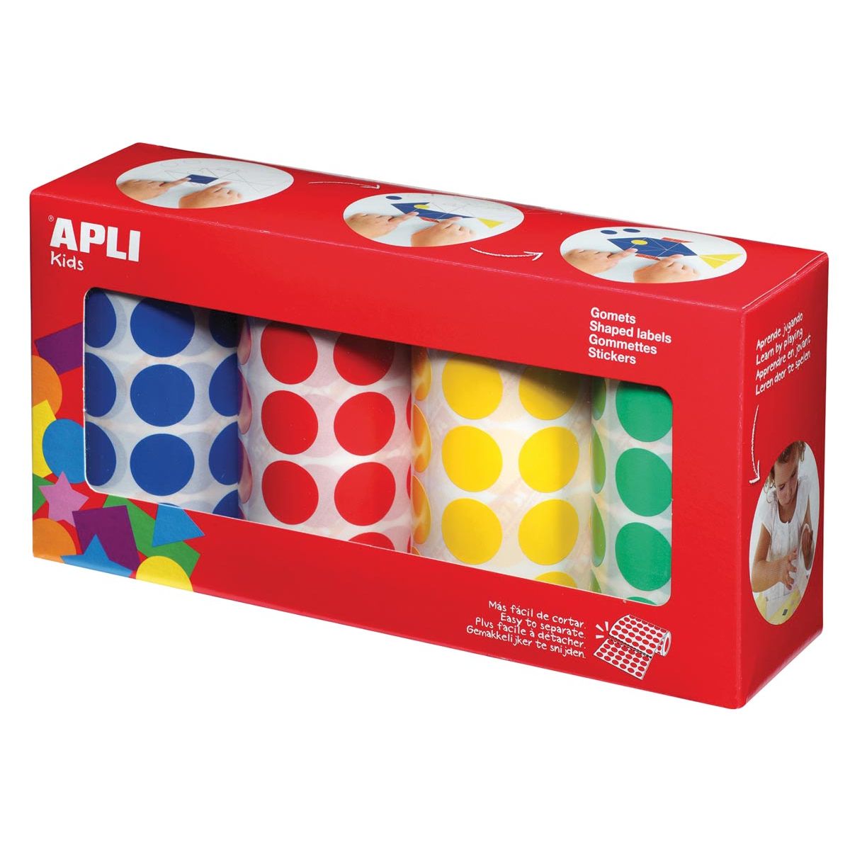Apli Kids - Stickers enfants cercles XL, diamètre 20 mm, boîte de 4 rouleaux de 4 couleurs