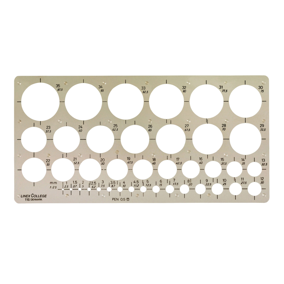 Linex - Gabarit de cercle 39 cercles avec pieds encreurs 1-35mm gris