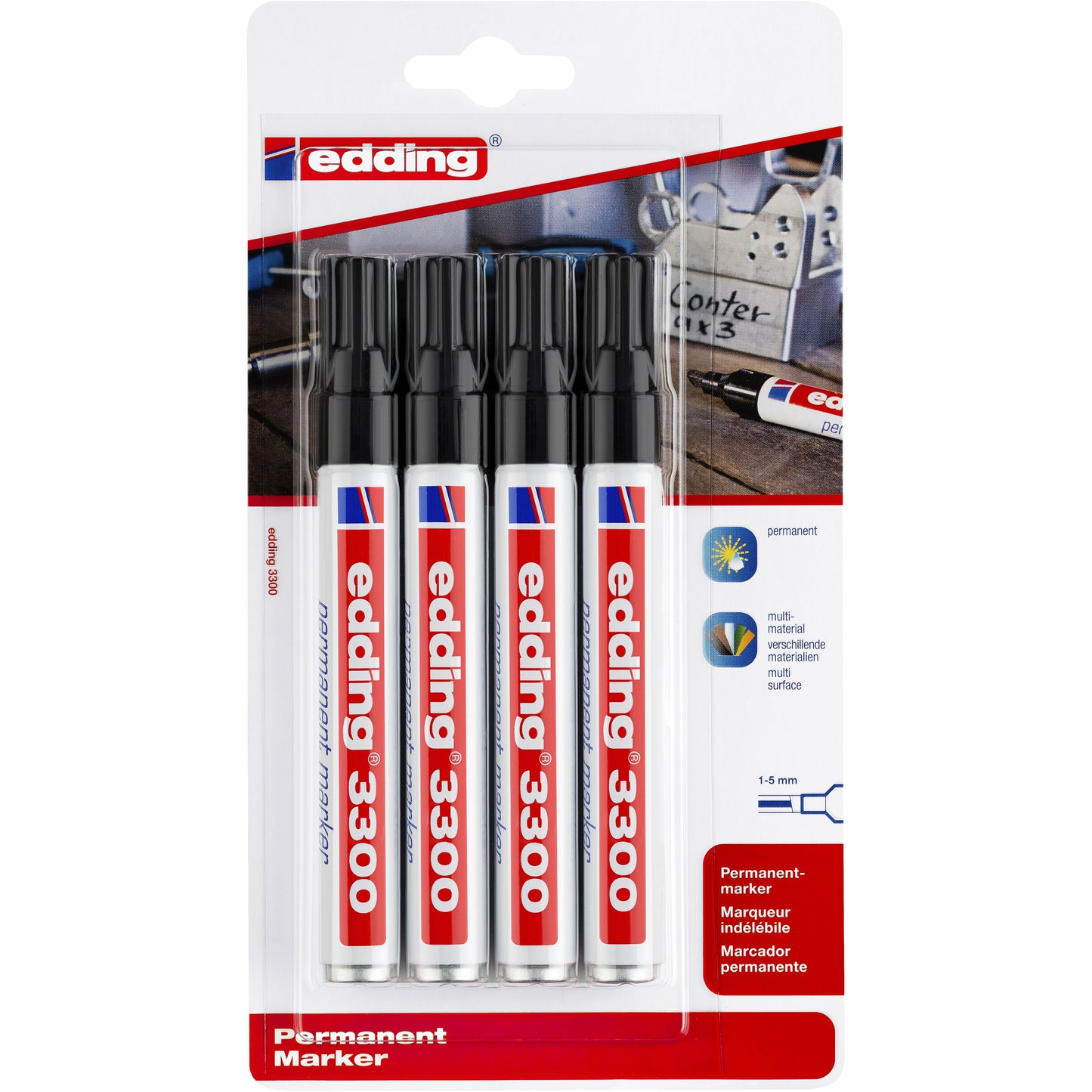 Edding - Viltstift 3300 schuin 1-5mm zwart blister à 4 stuks