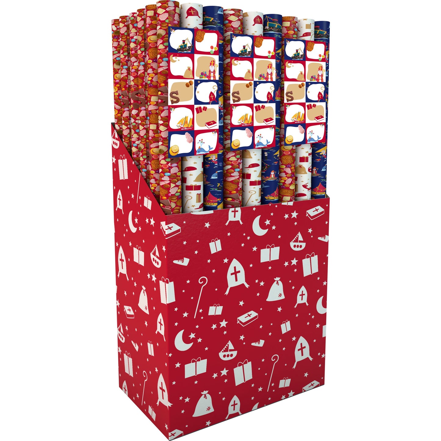 IG Design – Geschenkpapier Sint 200 x 70 cm, Set mit 3 Rollen + Aufkleberbogen mit 10 Etiketten sortiert