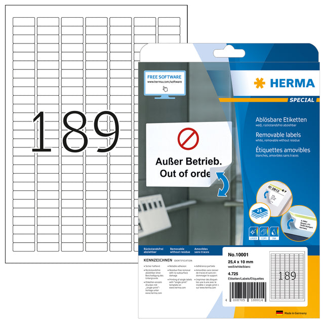 HERMA - Etiquette 10001 A4 25,4x10mm blanc amovible 4725 étiquettes