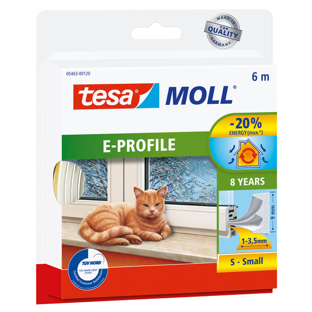 Tesa - Dichtungsstreifen moll® E-Profil selbstklebender Gummi 6mx9mm weiß