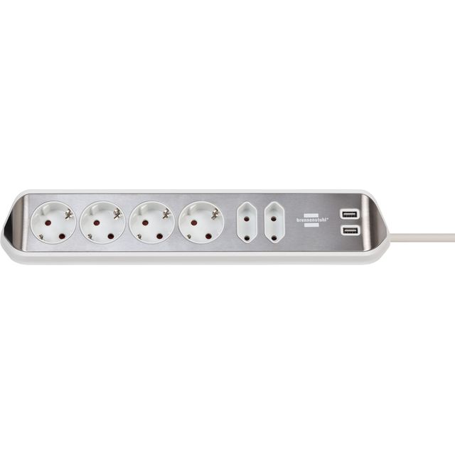 Brennerstuhl - Estilo Tischsteckdose 6-fach inklusive 2 USB 2m Meter weiß/silber