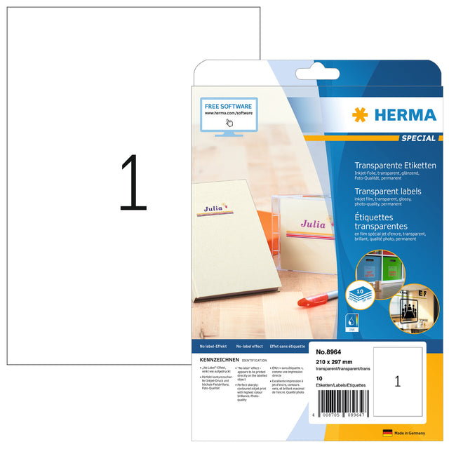 HERMA - Etiquette 8964 210x297mm transparent brillant 10 pièces