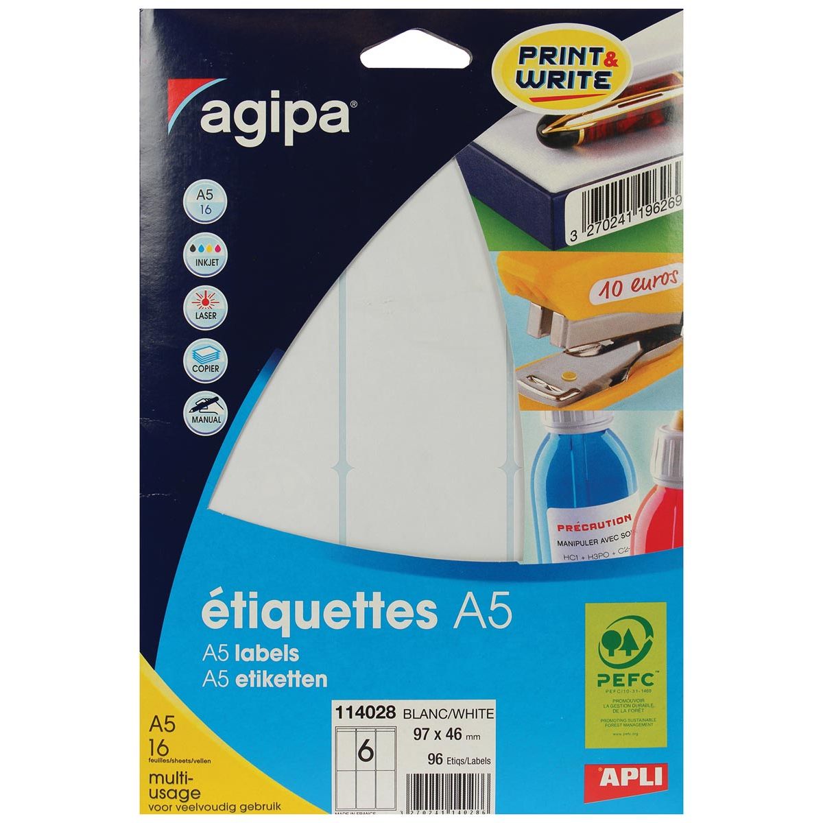 Agipa – weiße Etiketten Print Write ft 97 x 46 mm (B x H), 96 Stück, 6 pro Blatt