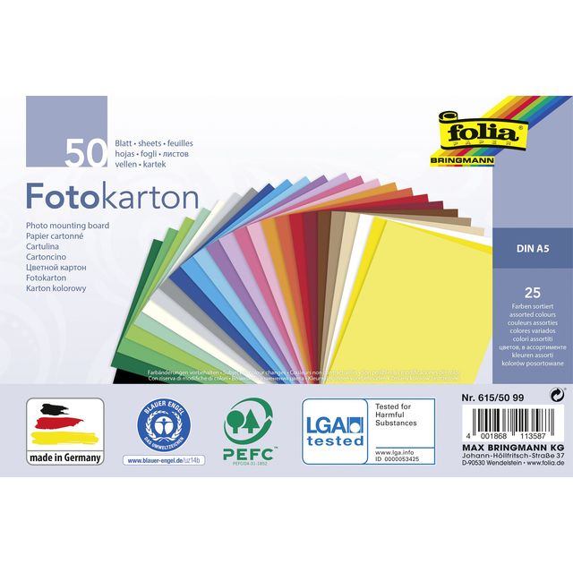 Folia Paper - Carton photo Folia 2 faces A5 270gr 50 feuilles 25 couleurs