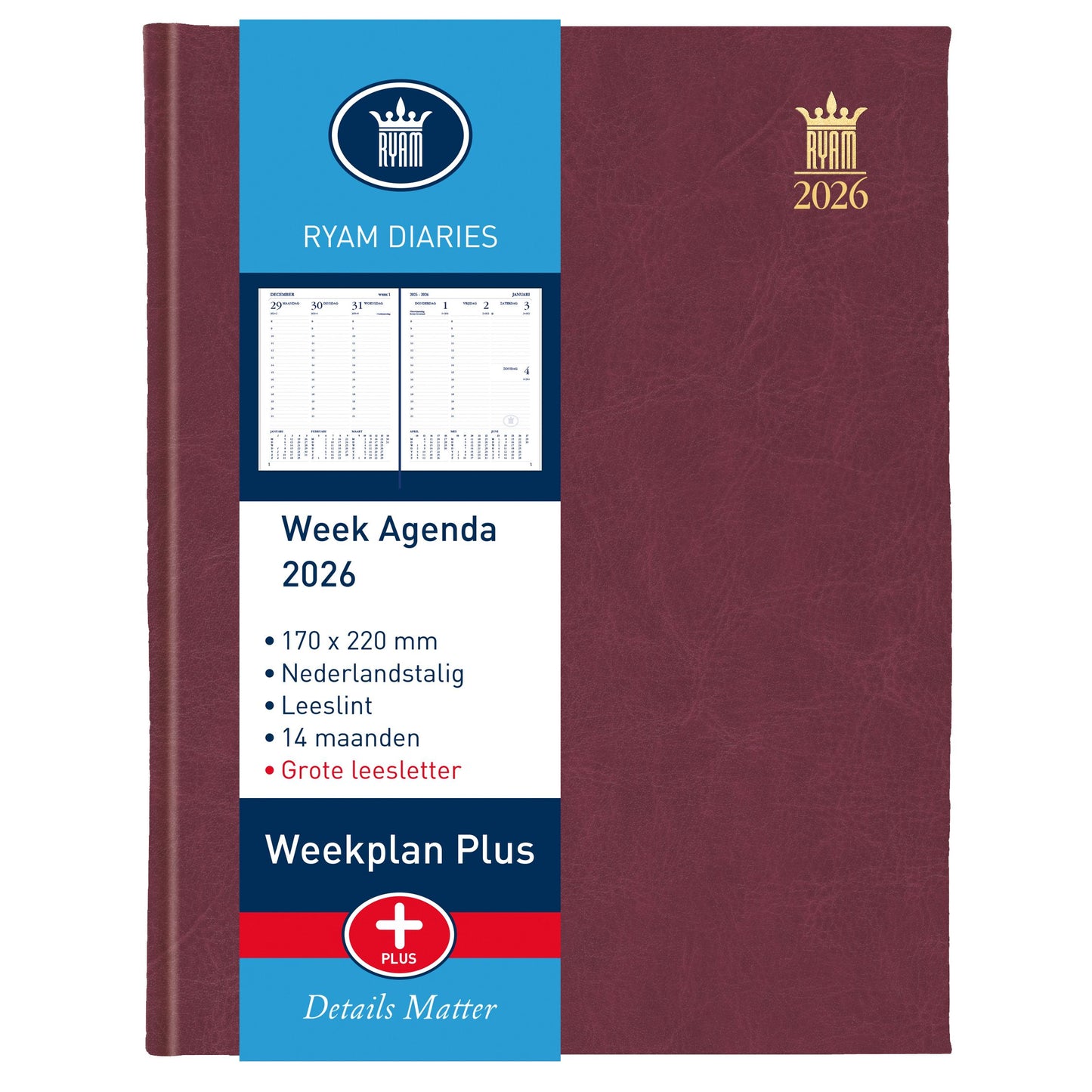 Ryam - Agenda 2026 plan hebdomadaire grande lettre 7j/2p cul