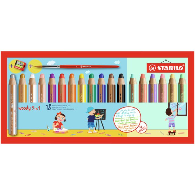STABILO - Crayons de couleur 880 Woody 3 en 1 avec taille-crayon et pinceau assortis étui de 18 pièces
