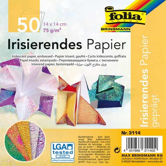 Folia-Papier – Faltblätter Folia, 75 g, 14 x 14 cm, 50 Blatt, beidseitige schillernde Prägung, verschiedene Farben