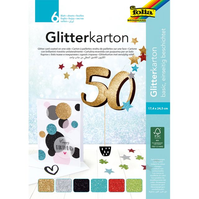 Folia Paper - Glitterkarton Folia 174x245mm 6 vel basis assorti | 5 stuks