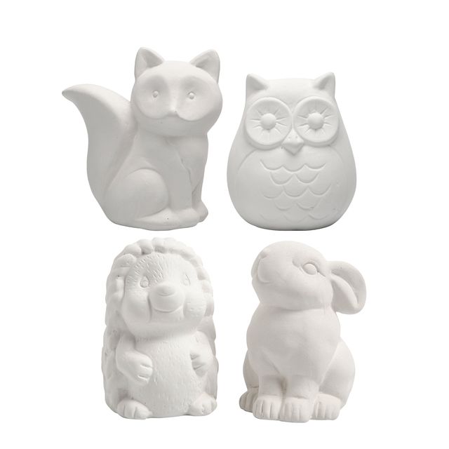 Creotime - Tirelire animaux Creativ Company terre cuite 4 pièces hibou, renard, lièvre et hérisson 9-10cm blanc