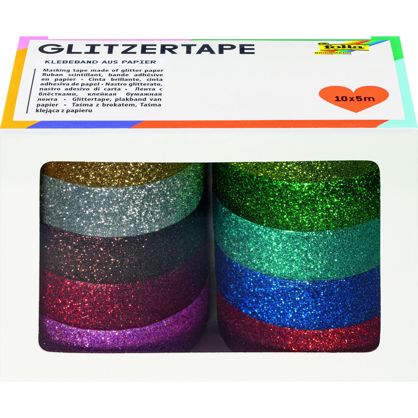 Folia Paper - Klebeband Folia Glitzer 5mx15mm 10 Stück 10 Farben