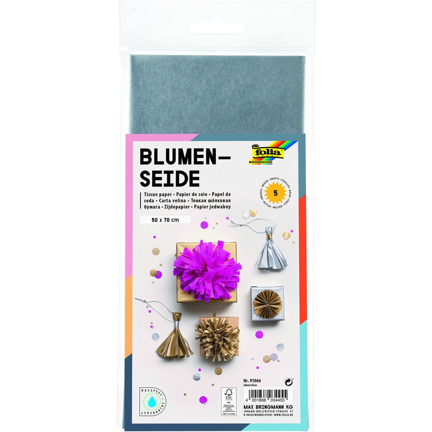 Folia Paper - Zijdevloeipapier Folia 50x70cm 20gr nr66 zilver 5 vel