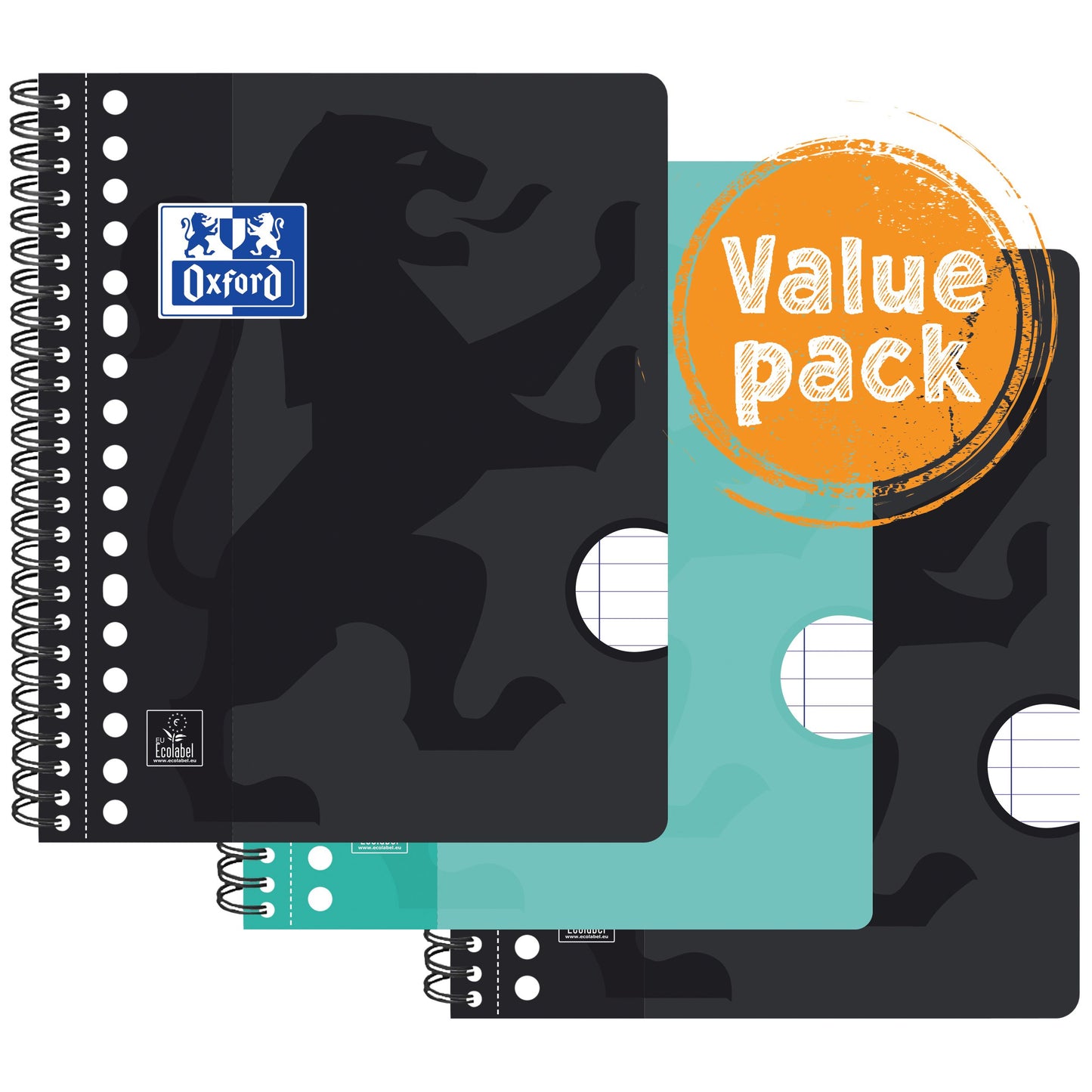 Oxford – College-Block, Schule, A5+-Linie, 17-Loch, 160 Seiten, 80 g, Vorteilspackung, sortiert, 3 Stück