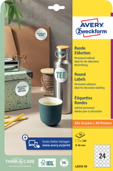 Avery Zweckform - Étiquette Zweckform L3415-10 ronde 40mm blanc 240 pièces