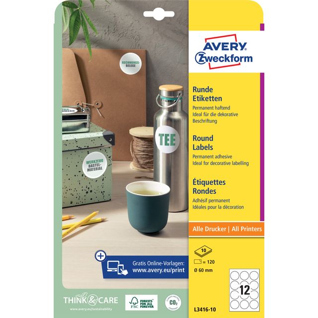 Avery Zweckform - Etiket Zweckform L3416-10 rond 60mm wit 120 stuks