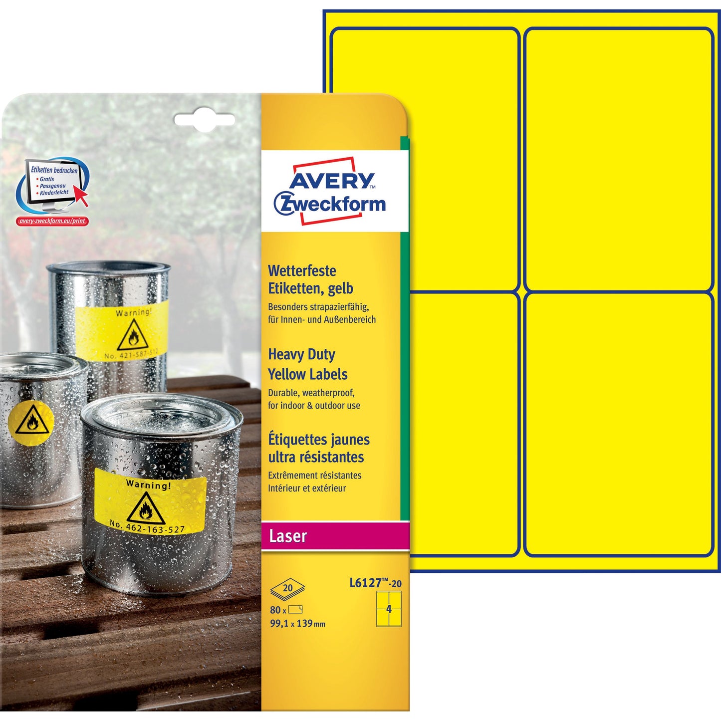 Avery Zweckform - Etiket avery l6127-20 99.1x139mm geel 80st