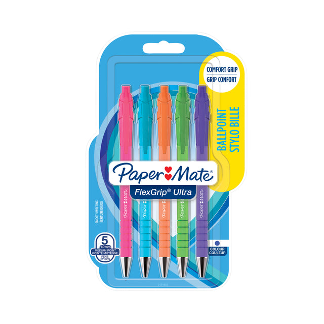 Paper Mate - Balpen Flexgrip drukknop Bright fun medium assorti 5 stuks