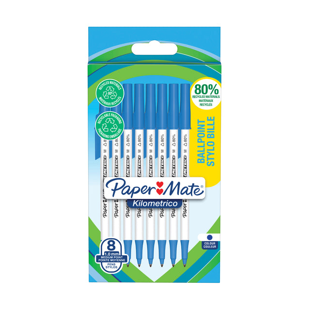 Paper Mate - Balpen Kilometrico Recycled medium blauw blister à 8 stuks