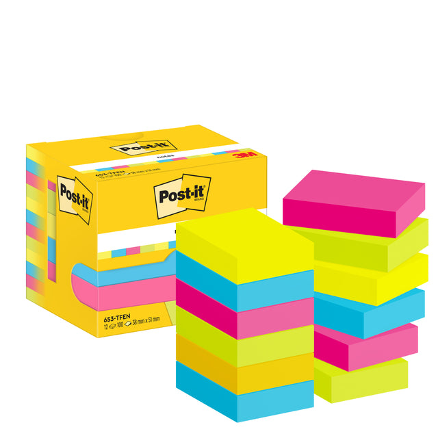 Post-it - Bloc mémo 3m 653 38x51mm fluo couleurs assorties | 24 pièces