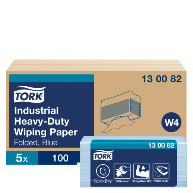 Tork - Chiffon de nettoyage W4 Industrial Heavy Duty plié 3 épaisseurs 5x100 feuilles bleu 130082