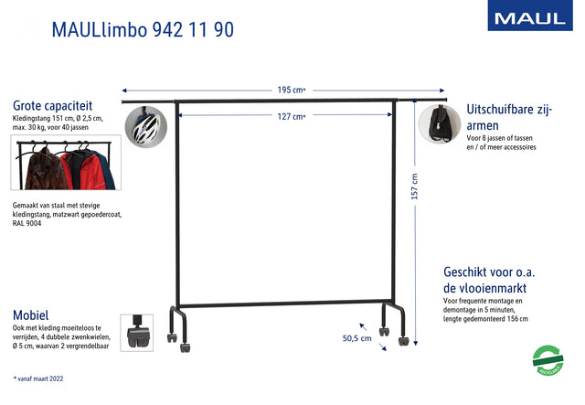 MAUL - Garderoberek Limbo 156x127(tot 220)x50cm mobiel (zijarmen)