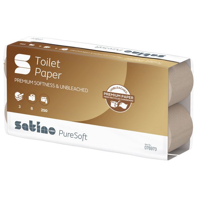 Satino von WEPA - Toilettenpapier Satino MT1 PureSoft 3-lagig 250 Blatt natur 076970 | 8 Stück