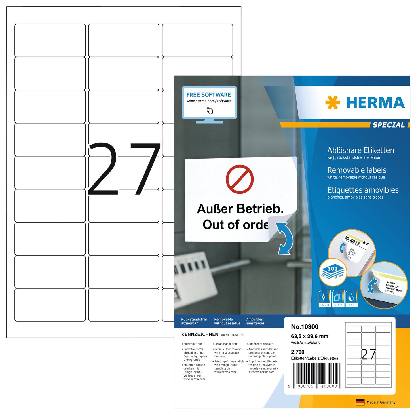 HERMA - Etiket 10300 63.5x29.6mm verwijderbaar wit 2700 etiketten